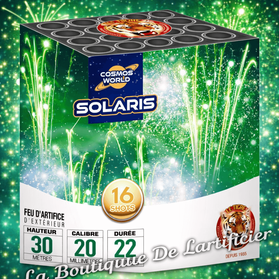 Compact SOLARIS – 16 Coups Comètes Vert Émeraude et Pluie Crépitante - La Boutique De L'artificier