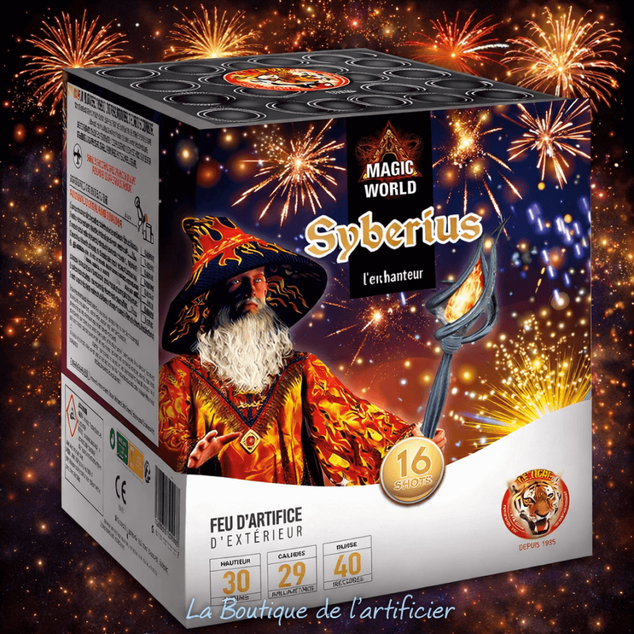Compact SYBERIUS – 16 Shots Effets Bleus Saphir et Kamuro Or Argent - La Boutique De L'artificier