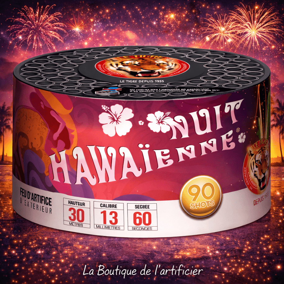 Compact NUIT HAWAIENNE – 90 Coups Comètes Traçantes et Effets Sifflants - La Boutique De L'artificier