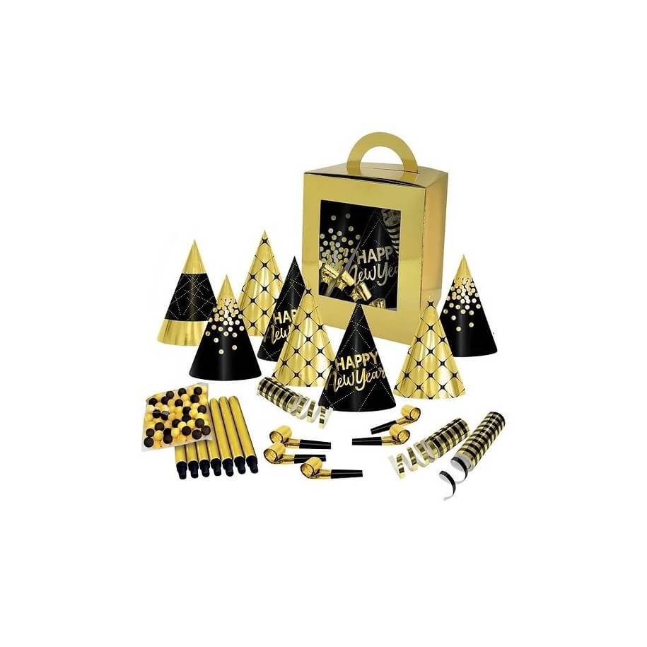 Kit cotillons boîte 10 personnes - or et noir - La Boutique De L'artificier