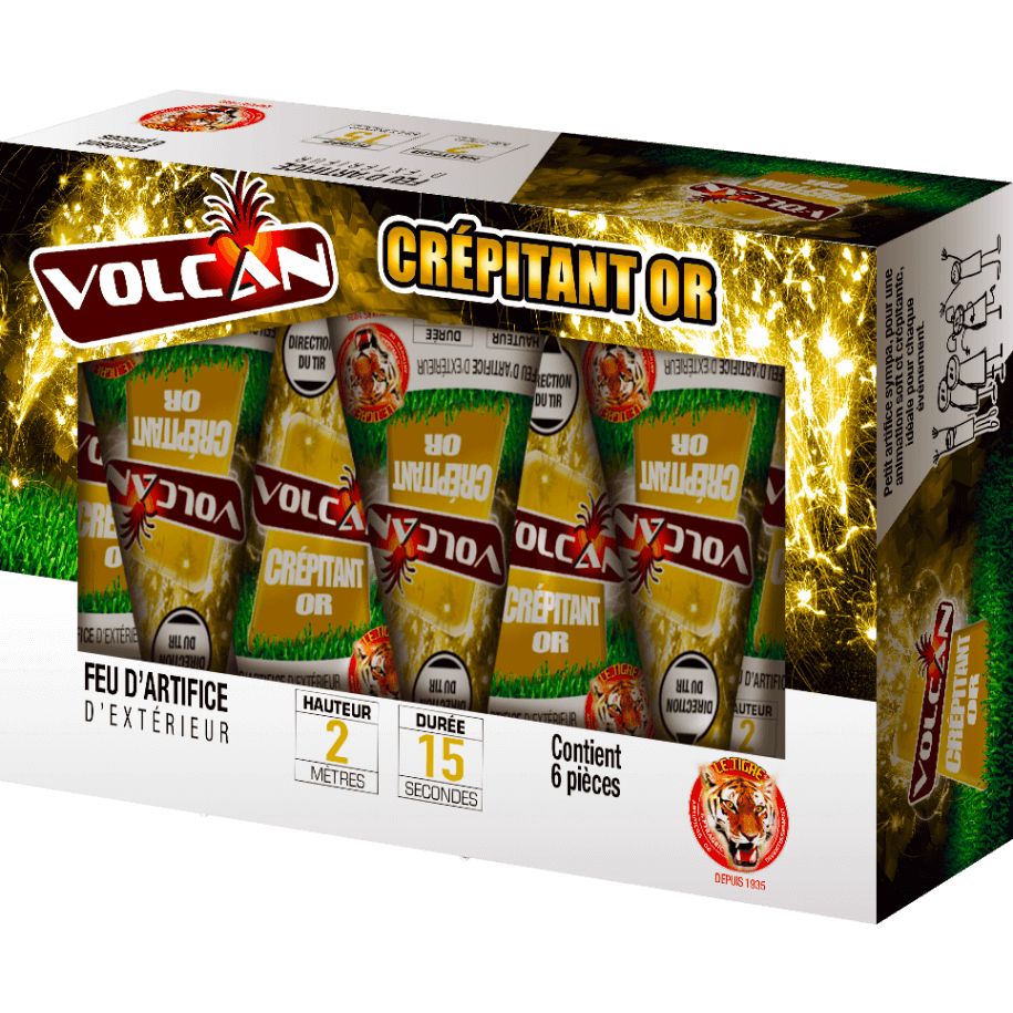 Volcan Crépitant Or – Éruption Lumineuse 2 m (Boîte de 6) F2 - La Boutique De L'artificier