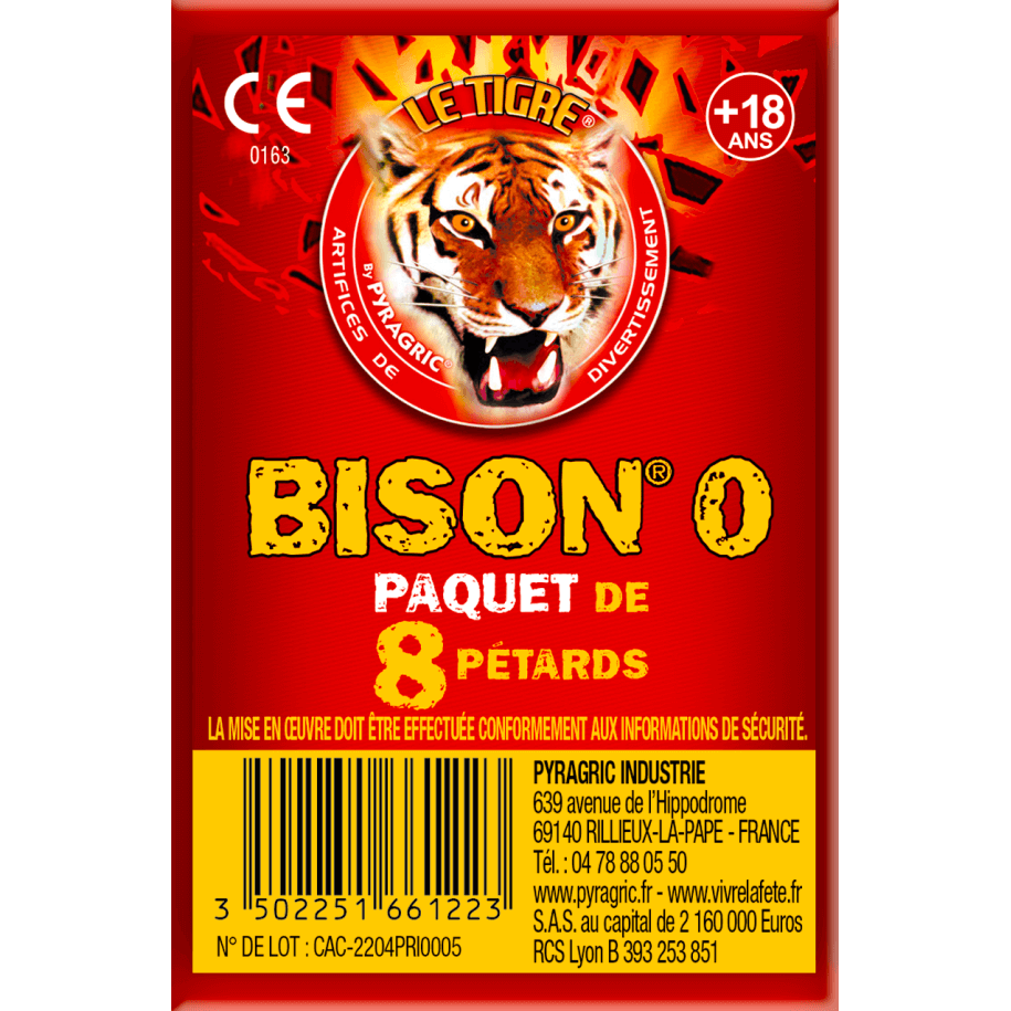 Bison N°0 – Paquet de 8 Pétards Sonores Le Tigre Pyragric F2 - La Boutique De L'artificier