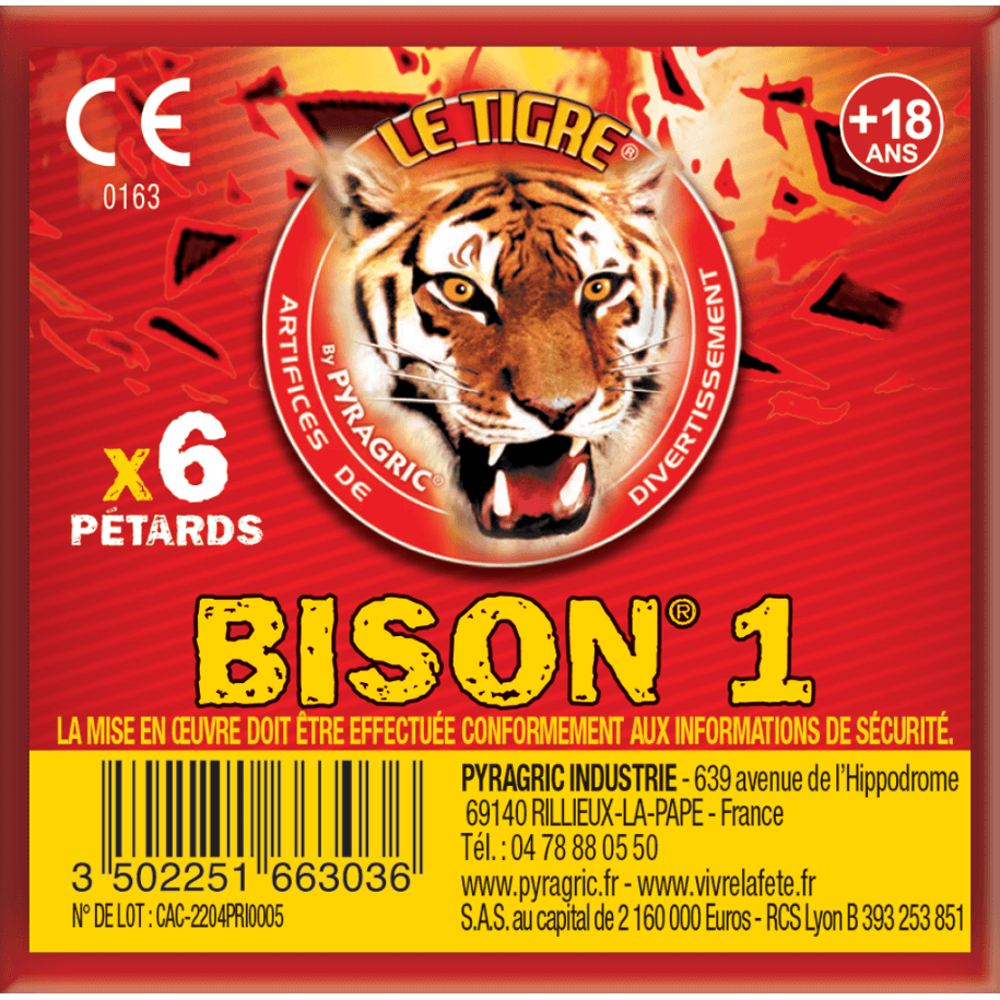 Bison N°1 – Paquet de 6 Pétards Mythiques Le Tigre Pyragric F2 - La Boutique De L'artificier