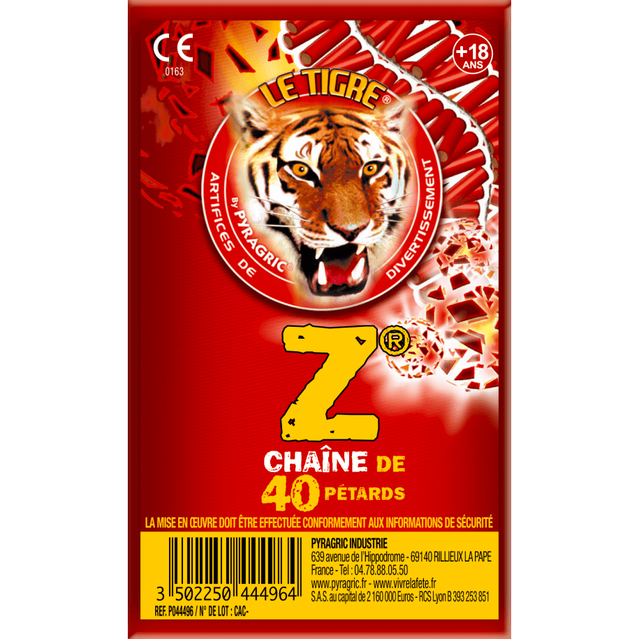 Pétards Le Tigre Z Pyragric – Chaîne de 40 pétards méchés F2 - La Boutique De L'artificier