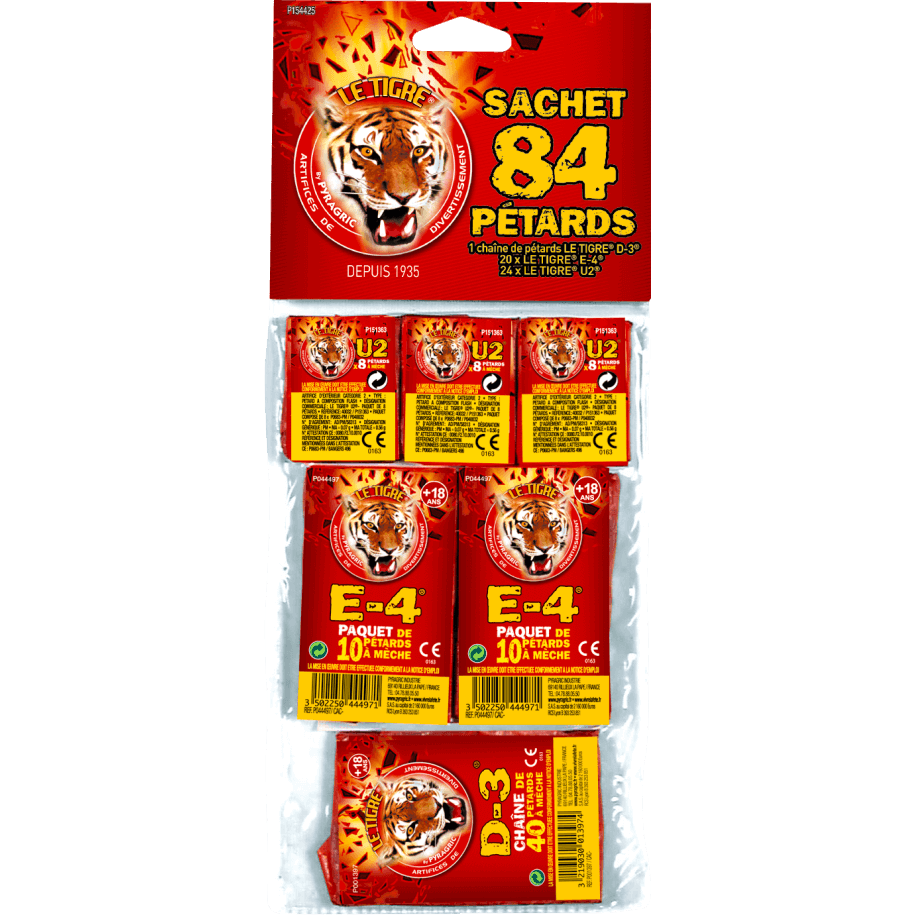 Mix 84 Pétards Le Tigre Pyragric – Assortiment de pétards F2 (U2, E-4, D-3) - La Boutique De L'artificier