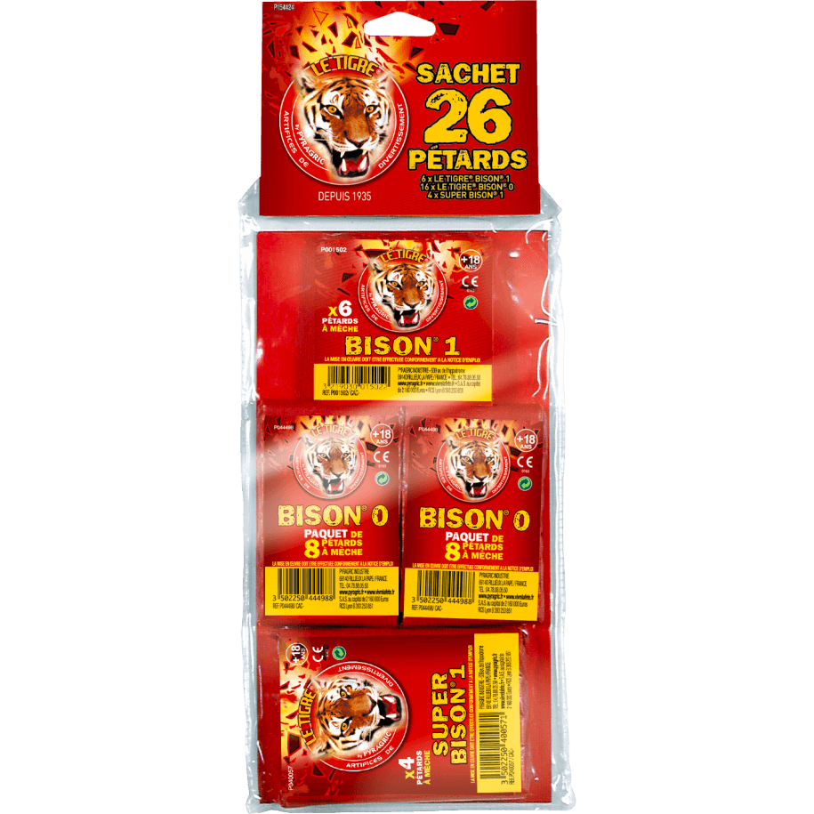 Sachet 48 Pétards Le Tigre Pyragric – Assortiment Bison N°0, N°1 + E-4 F2 - La Boutique De L'artificier