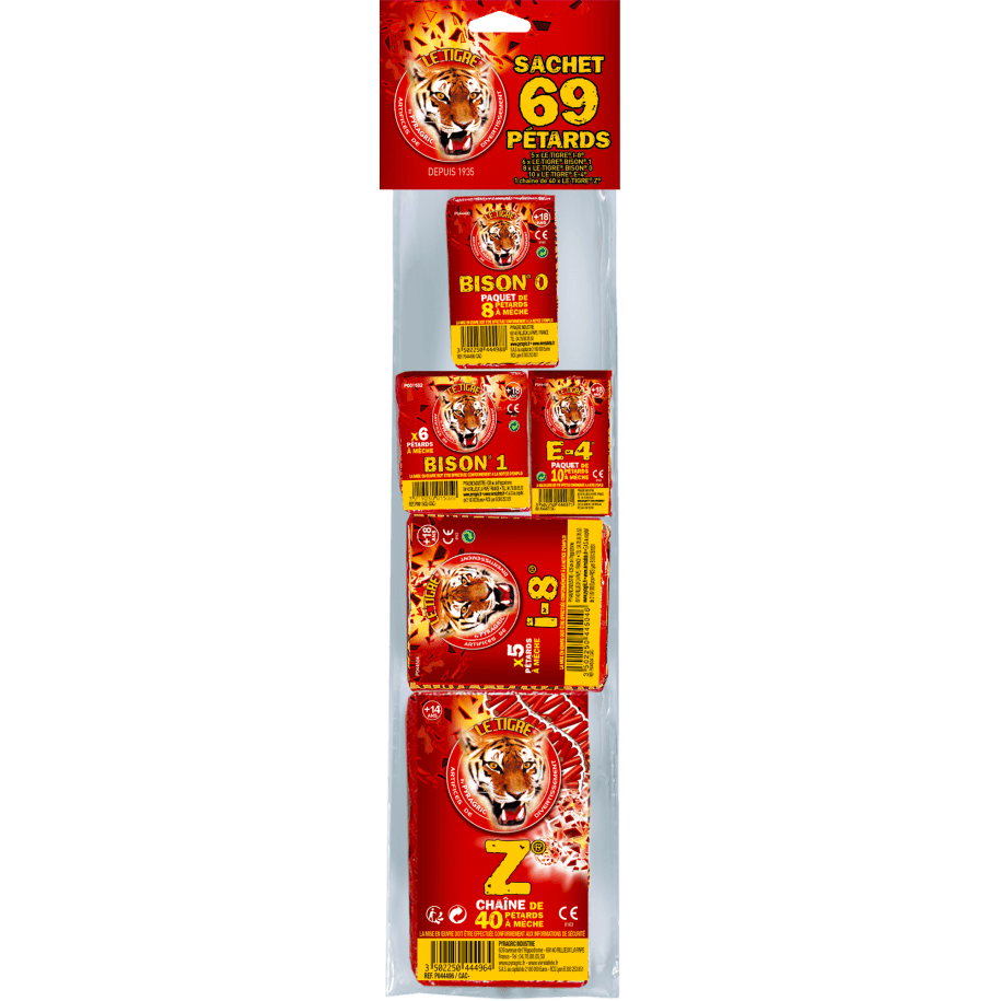 Sachet 69 Pétards Le Tigre Pyragric – Assortiment Best Of (Bison, E-4, Z) F3 - La Boutique De L'artificier
