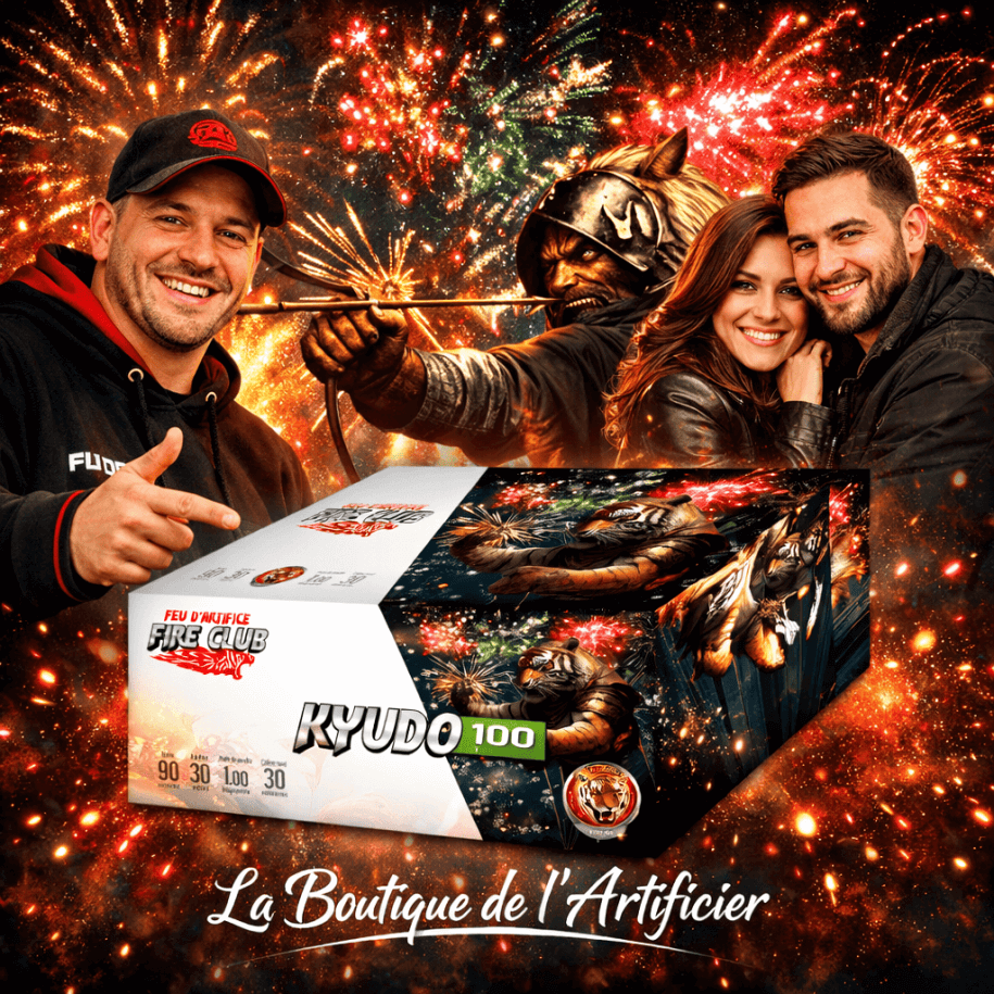 Feu automatique Fire Club Kyudo 100 coups – Compact explosif éventail or & argent F3 - La Boutique De L'artificier