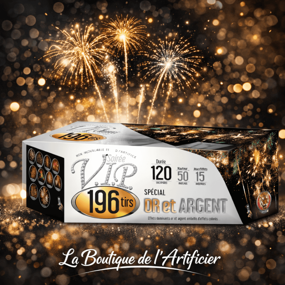 Feu d’artifice automatique Soirée VIP 196 tirs – Or & Argent – Batterie chic F3 - La Boutique De L'artificier