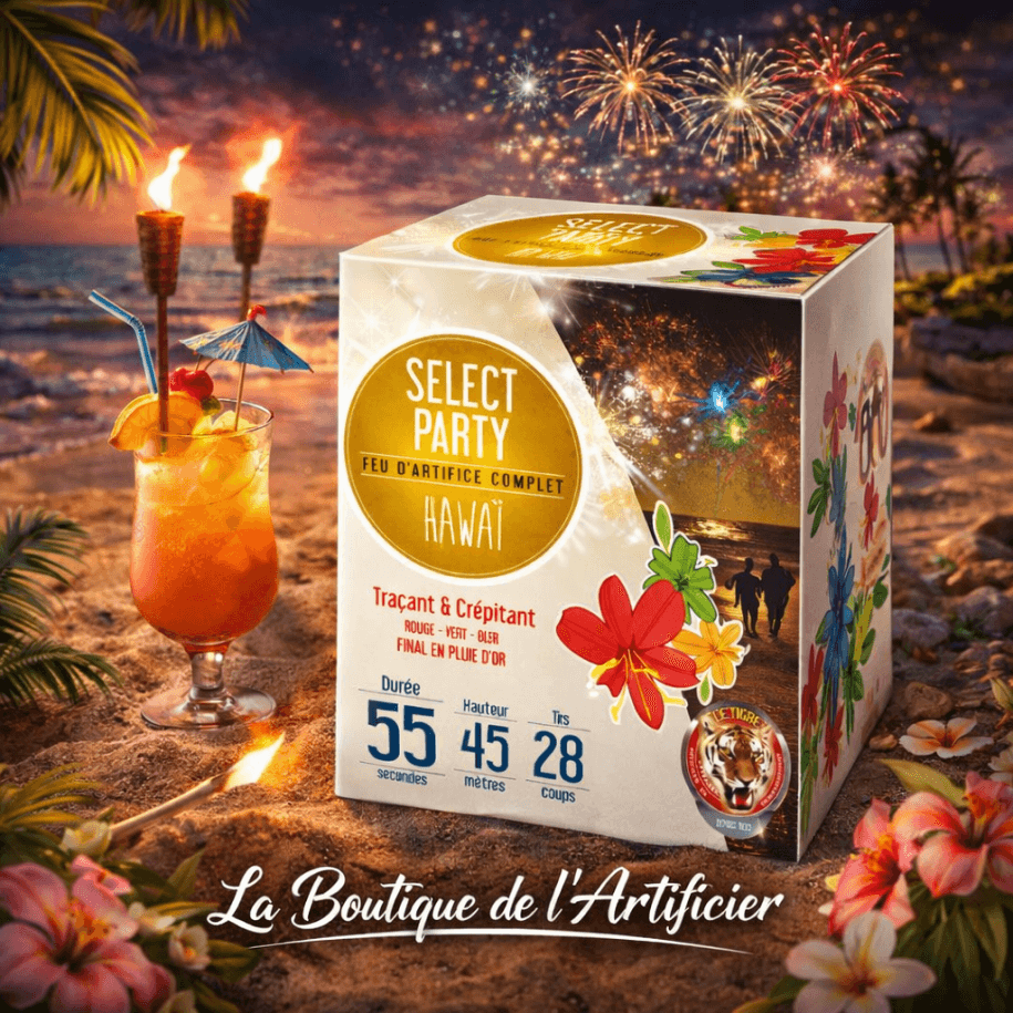Feu d’artifice Hawaï 28 coups – 55 sec – Batterie compacte effets intenses F2 - La Boutique De L'artificier