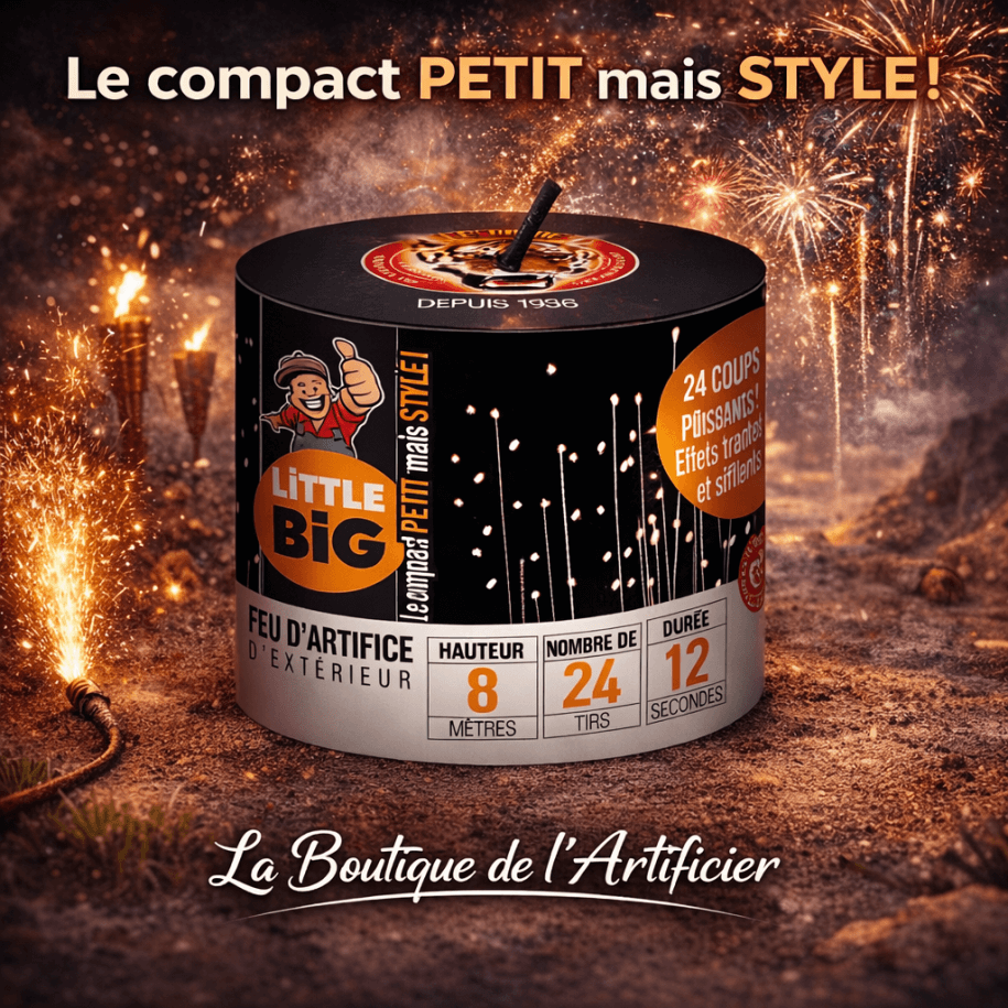 Compact Little Big Hector – 24 coups en 12 sec – Petit feu d’artifice fun F2 - La Boutique De L'artificier