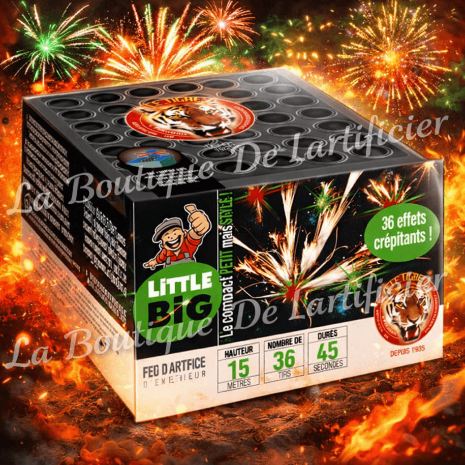 Compact LITTLE BIG JOE – 36 Bombettes Rouges et Vertes Crépitantes – Feu d’Artifice 45 Secondes - La Boutique De L'artificier