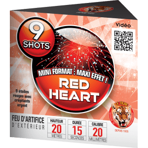 Compact RED HEART – 9 Shots Étoiles Rouges et Scintillements Argentés - La Boutique De L'artificier