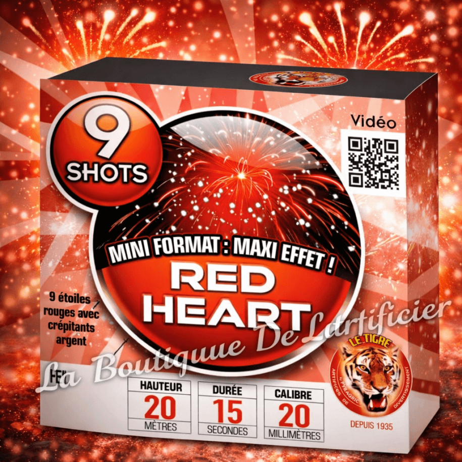 Compact RED HEART – 9 Shots Étoiles Rouges et Scintillements Argentés - La Boutique De L'artificier