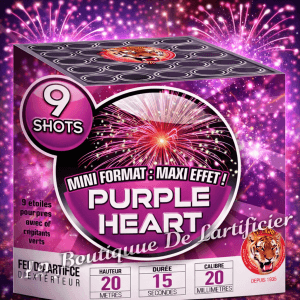 Compact PURPLE HEART – 9 Shots Bouquets Pourpres et Paillettes Argentées Clignotantes - La Boutique De L'artificier