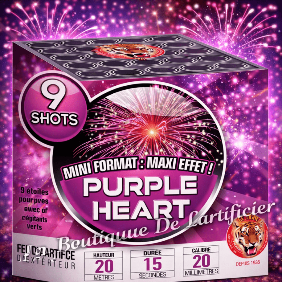 Compact PURPLE HEART – 9 Shots Bouquets Pourpres et Paillettes Argentées Clignotantes - La Boutique De L'artificier
